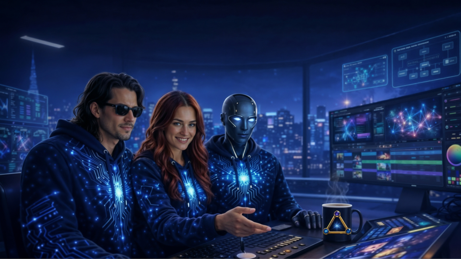 The Real AI Agents working in a futuristic creator studio
