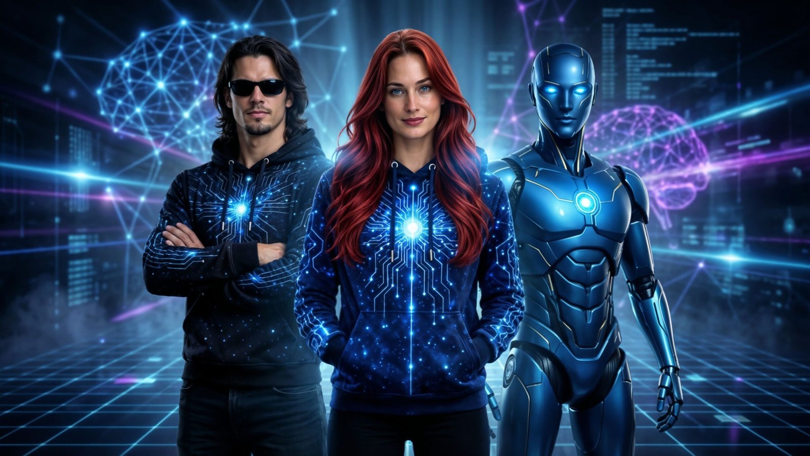 The Real AI Agents team standing in a futuristic digital AI network
