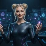 agentic AI for creators 2026 showing a blonde female creator controlling AI systems and digital commerce interfaces