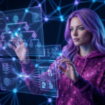 Woman interacting with AI interface comparing ChatGPT Claude and Copilot for how they support human thinking and workflows