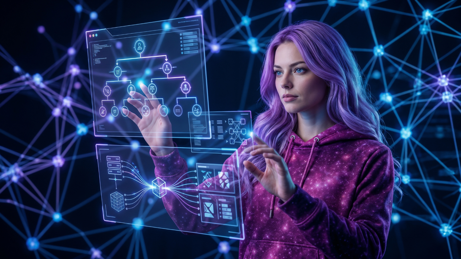 Woman interacting with AI interface comparing ChatGPT Claude and Copilot for how they support human thinking and workflows