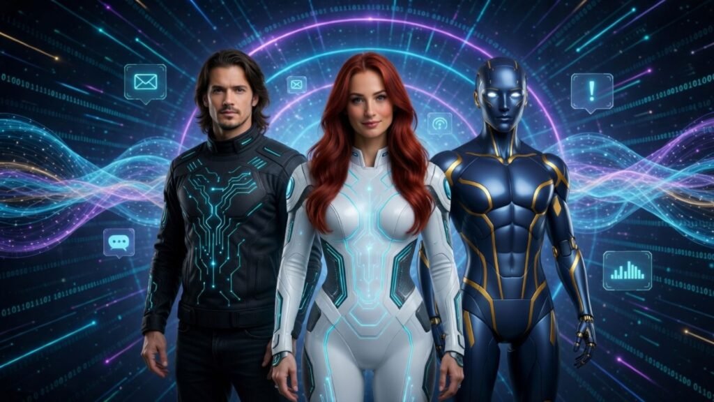 Contact The Real AI Agents team with Jessica, Chris, and Cipher in a futuristic AI network communication environment