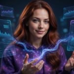 Jessica from The Real AI Agents interacting with a generative AI system and neural network interface representing AI-powered creative workflows