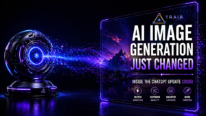 Futuristic AI core transforming data into a fully rendered landscape image with text overlay “AI Image Generation Just Changed” representing the ChatGPT image generator update in 2026