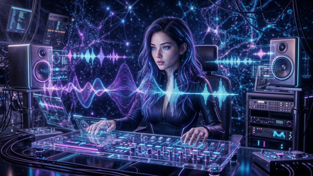 AI music artist Lyra Vale in a futuristic digital music studio with holographic audio waveforms and neon interface representing Suno v5.5 music creation