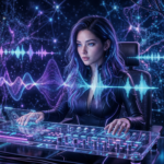 AI music artist Lyra Vale in a futuristic digital music studio with holographic audio waveforms and neon interface representing Suno v5.5 music creation