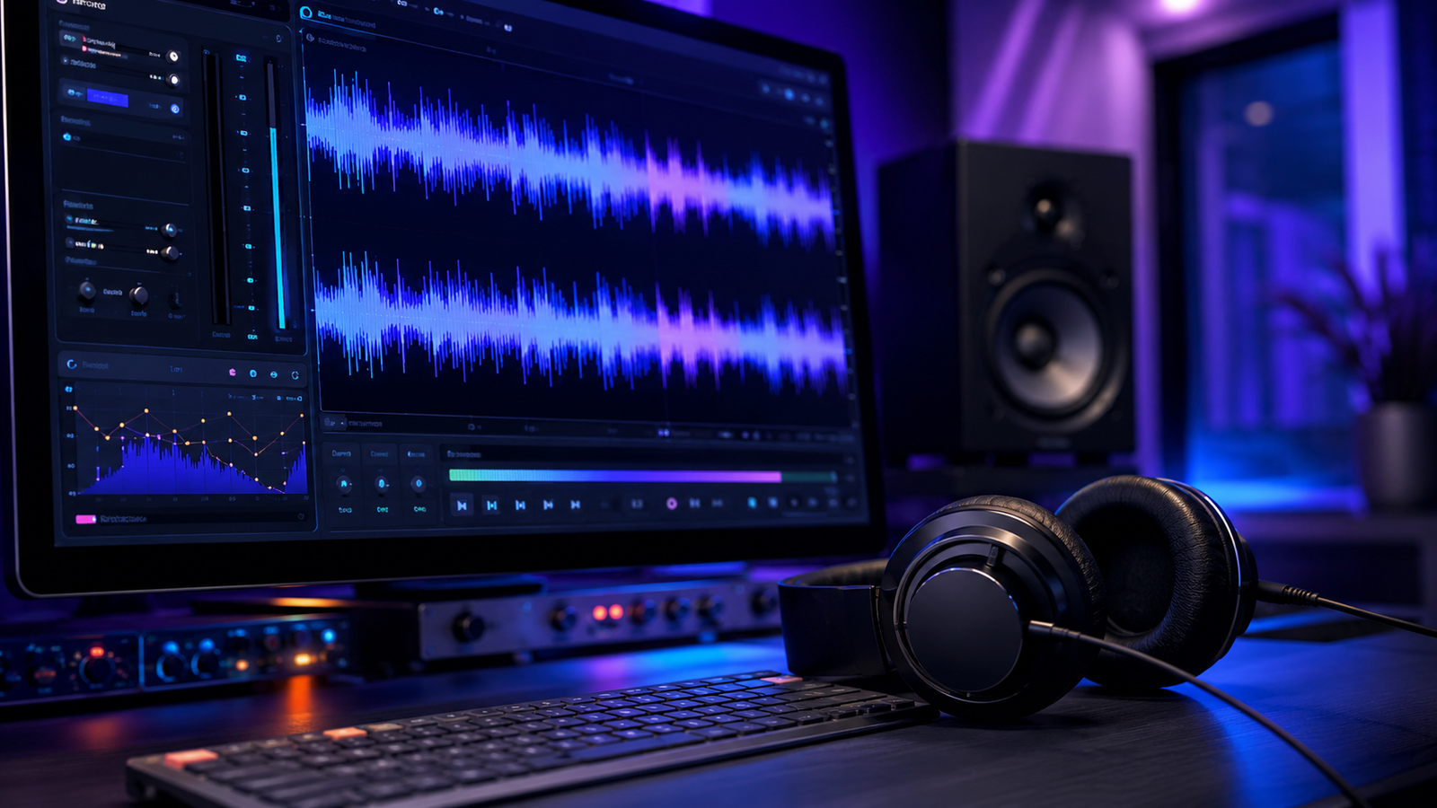 Audio mastering workspace with stereo waveform, headphones, and blue violet lighting