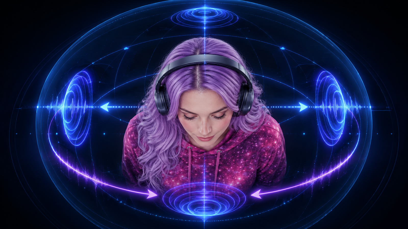 Listener wearing headphones with blue and violet sound waves moving around their head