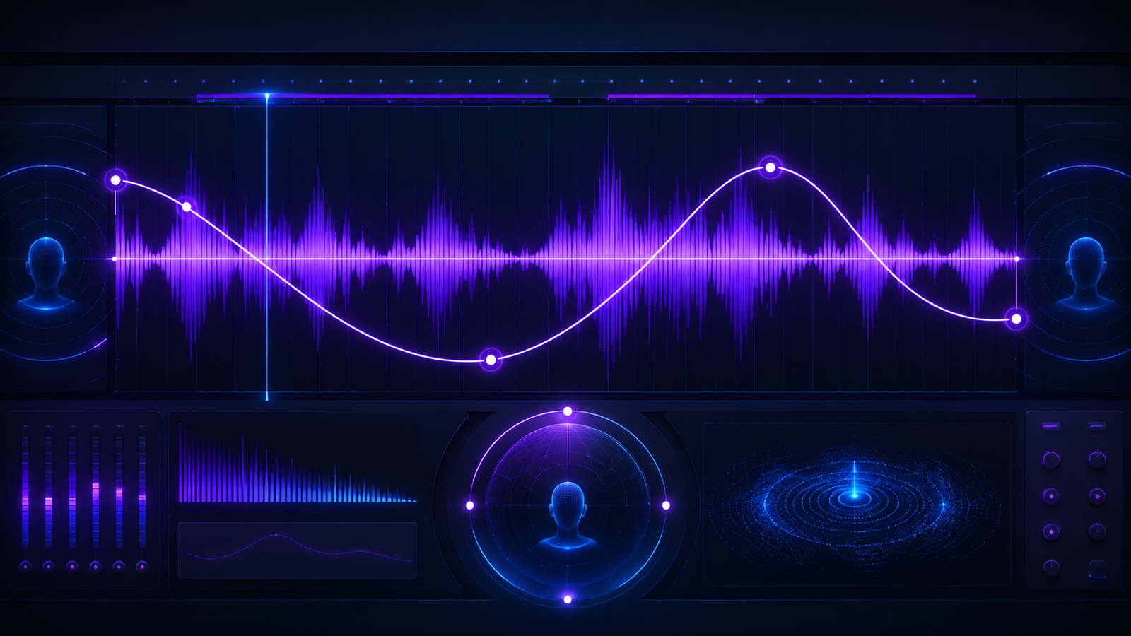Purple audio waveform with a glowing pan automation curve for 8D audio movement