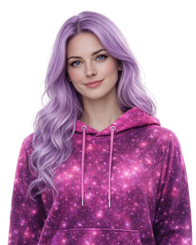 Google Gemini Omni character reference showing Astra with lavender hair and a pink galaxy hoodie.