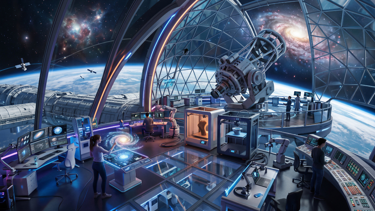 Google Gemini Omni setting reference showing a futuristic cosmic observatory with Earth views and holographic workstations.