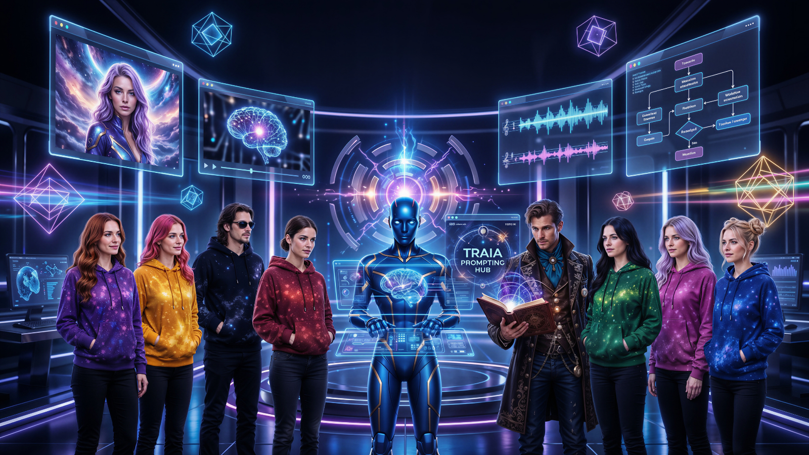 AI Prompting Hub with TRAIA creator agents inside a futuristic command center using holographic workflow panels for images, music, storytelling, and automation