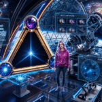 A futuristic cosmic observatory scene showing a lavender-haired creator, glowing TRAIA emblem, and holographic panels for image-to-video generation.