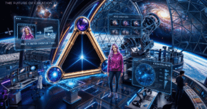 A futuristic cosmic observatory scene showing a lavender-haired creator, glowing TRAIA emblem, and holographic panels for image-to-video generation.