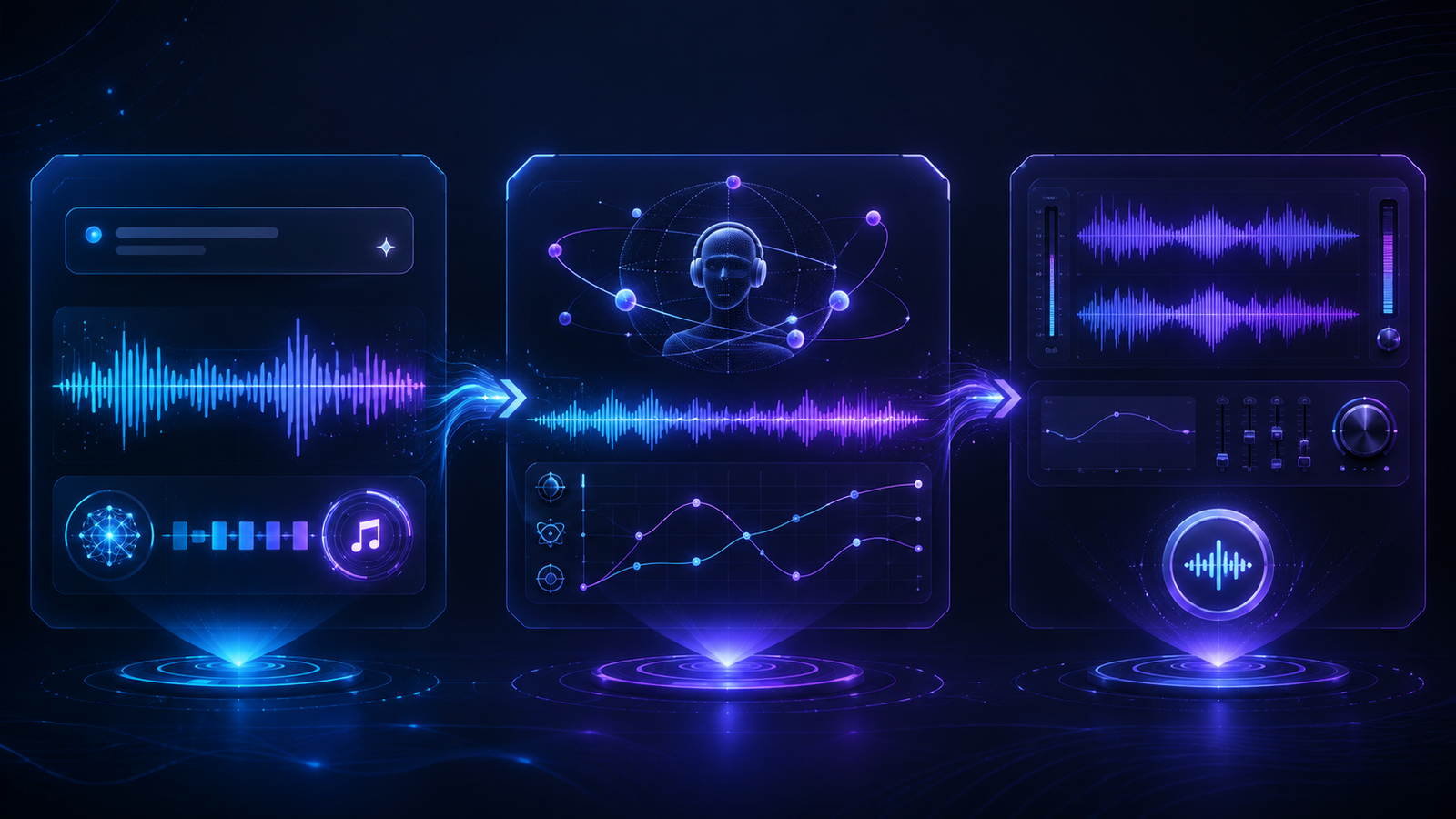 Three-stage AI 8D audio workflow showing music generation, spatial movement, and final export