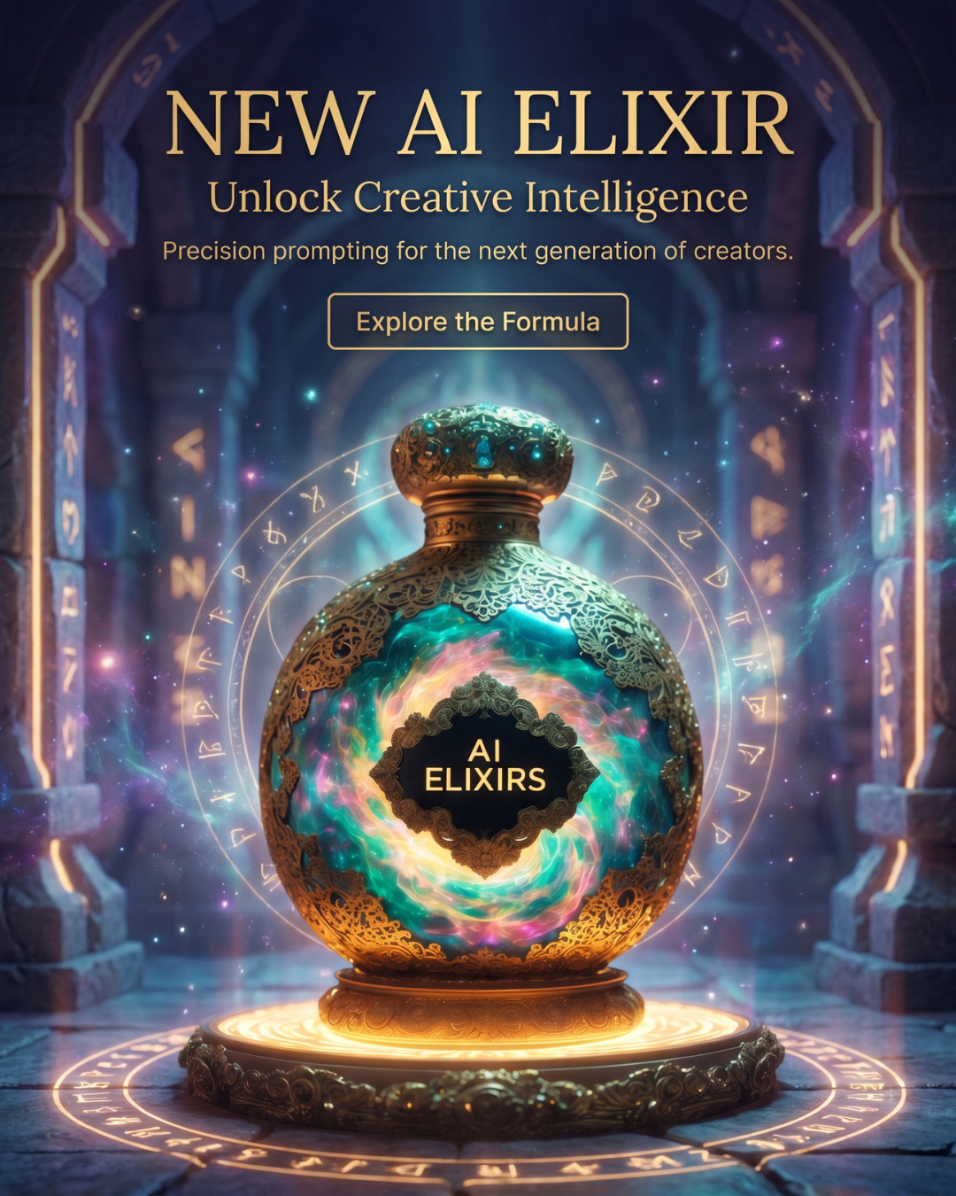 Directed AI Elixir product advertisement with structured layout, glowing bottle, arcane ring, and luxury fantasy-tech presentation.