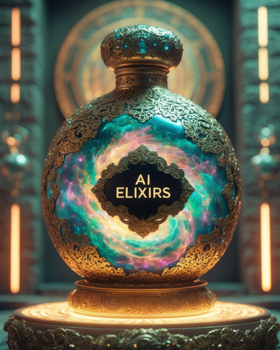 Ornate glowing AI Elixir bottle with cosmic liquid on a pedestal in a futuristic fantasy chamber.