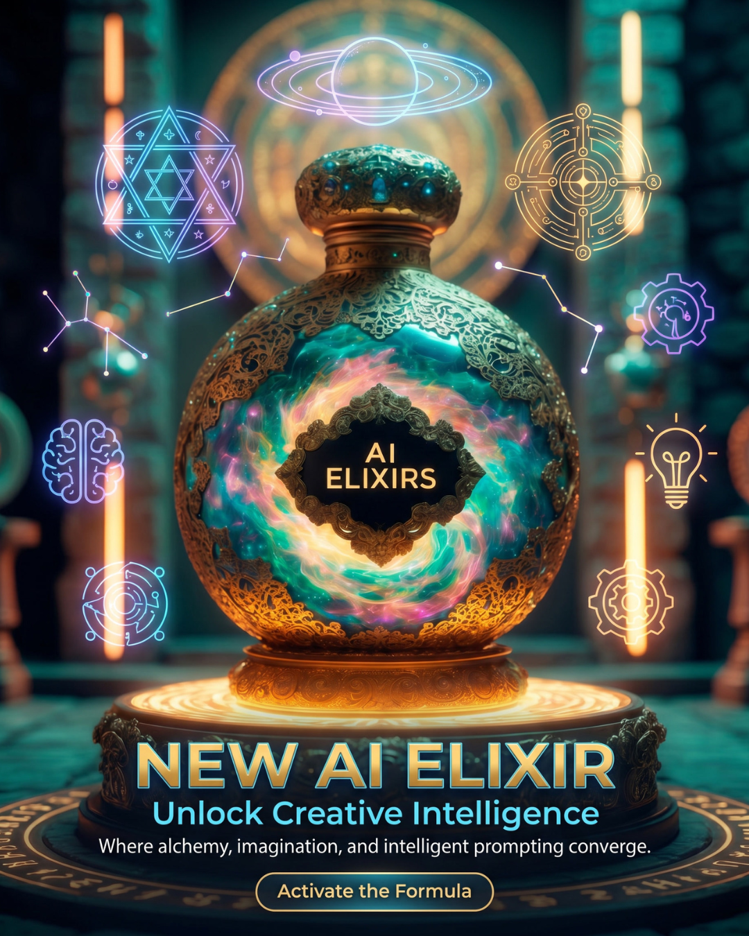 AI Elixir product ad with glowing symbolic icons, cosmic motifs, and promotional text in a magical futuristic setting.
