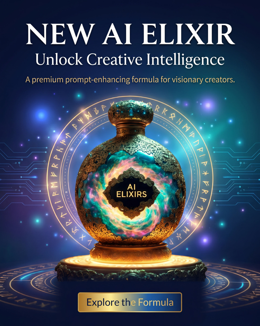 AI Elixir product advertisement with promotional text, glowing bottle, and premium cosmic-tech fantasy styling.