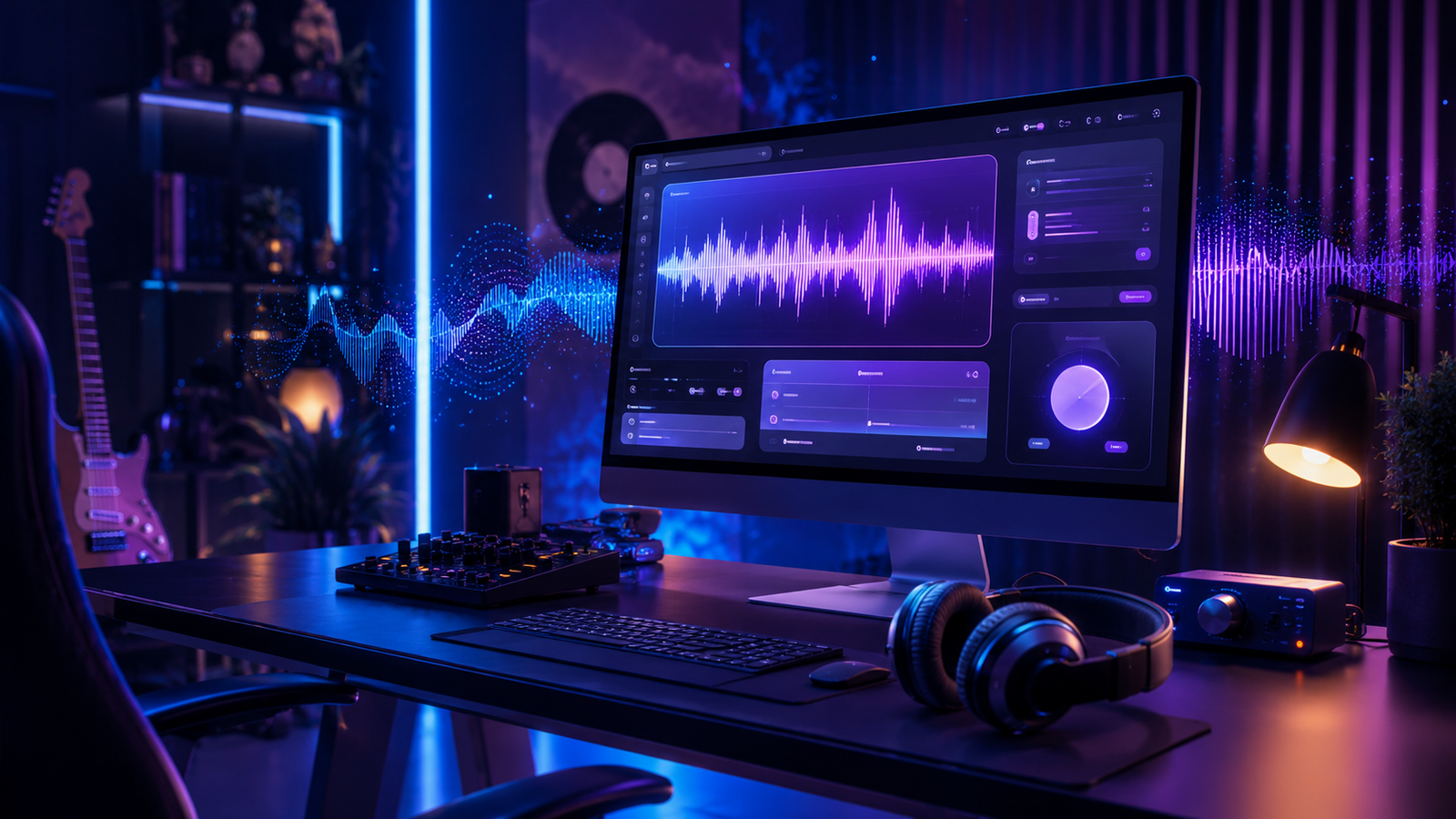 AI music creation workspace with glowing waveform and headphones on a desk