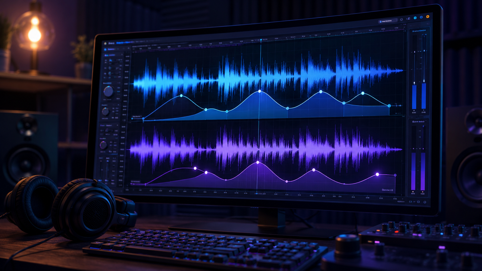 Stereo audio waveform editing screen with EQ curves in blue and violet tones