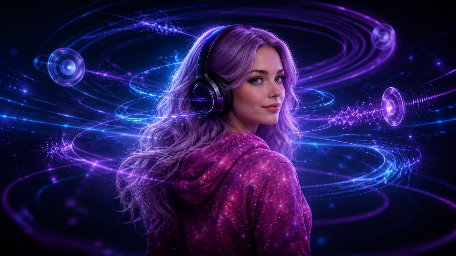 Listener wearing headphones with glowing sound trails passing behind their head