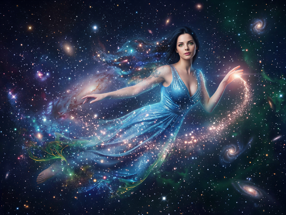 Creative language prompting example showing an ethereal woman in a shimmering blue dress floating through space surrounded by stars and galaxies.