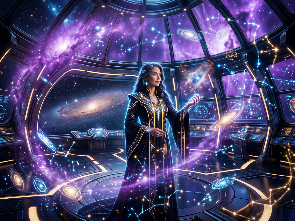 Directed prompting example showing a cosmic creator standing inside a futuristic star observatory with holographic constellations and violet nebula light.