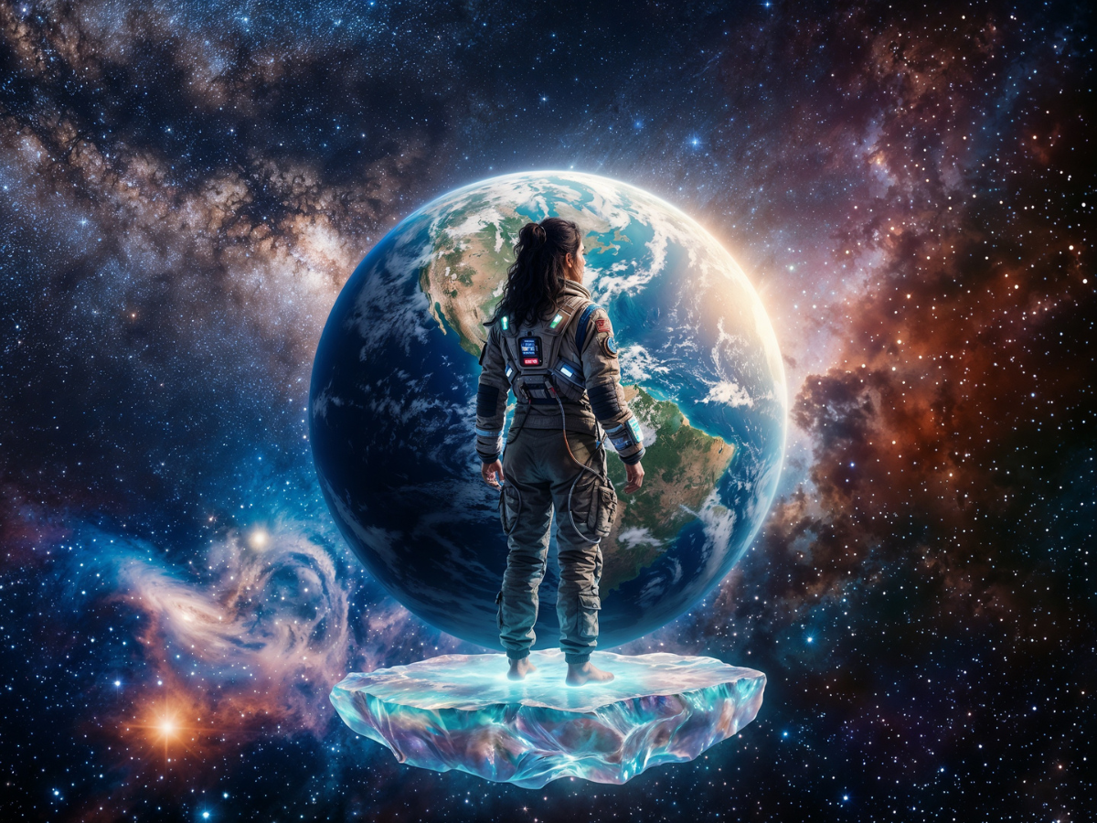 Simple prompting example showing a woman astronaut standing in space on a floating platform in front of Earth.