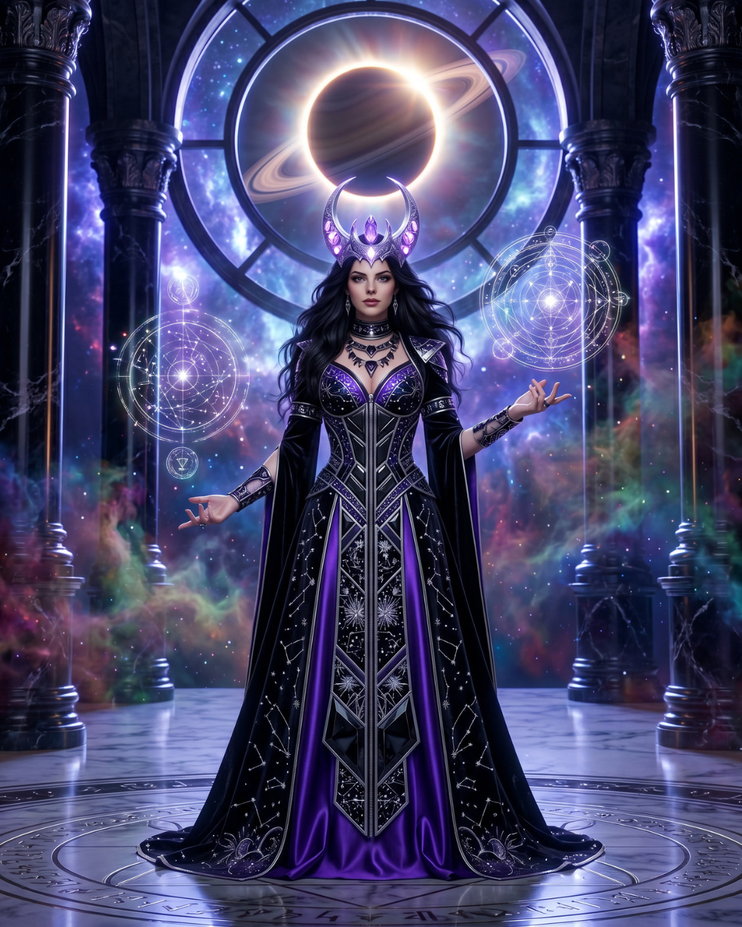Creative language prompt example showing a dark cosmic priestess beneath a celestial eclipse with a crescent crown, black and violet gown, glowing star maps, and mystical nebula light.