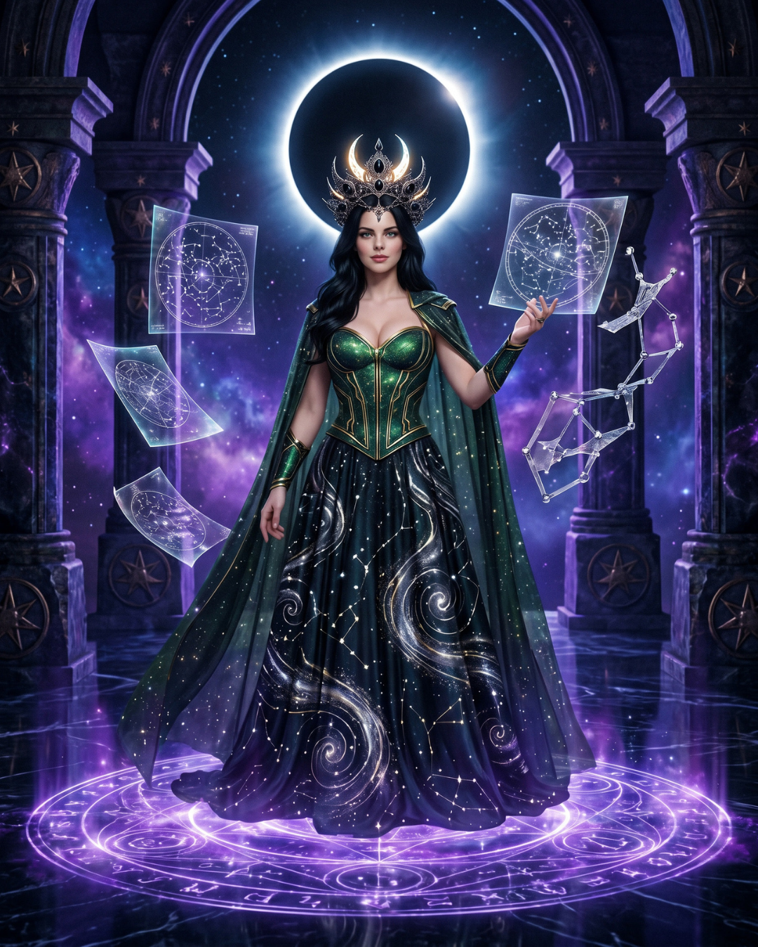 Directed prompt example showing a dark cosmic priestess in a black and violet celestial gown beneath an eclipse with floating star maps and glowing ritual circles.