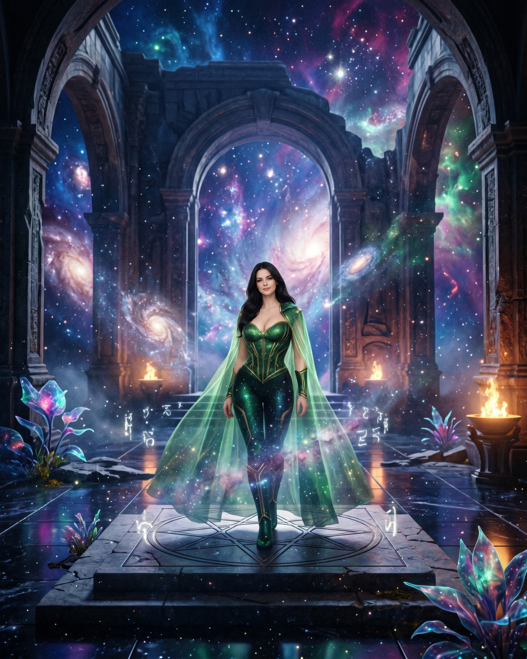 Simple prompt example showing a dark cosmic priestess standing in a mystical star temple with a green cosmic outfit and glowing celestial atmosphere.