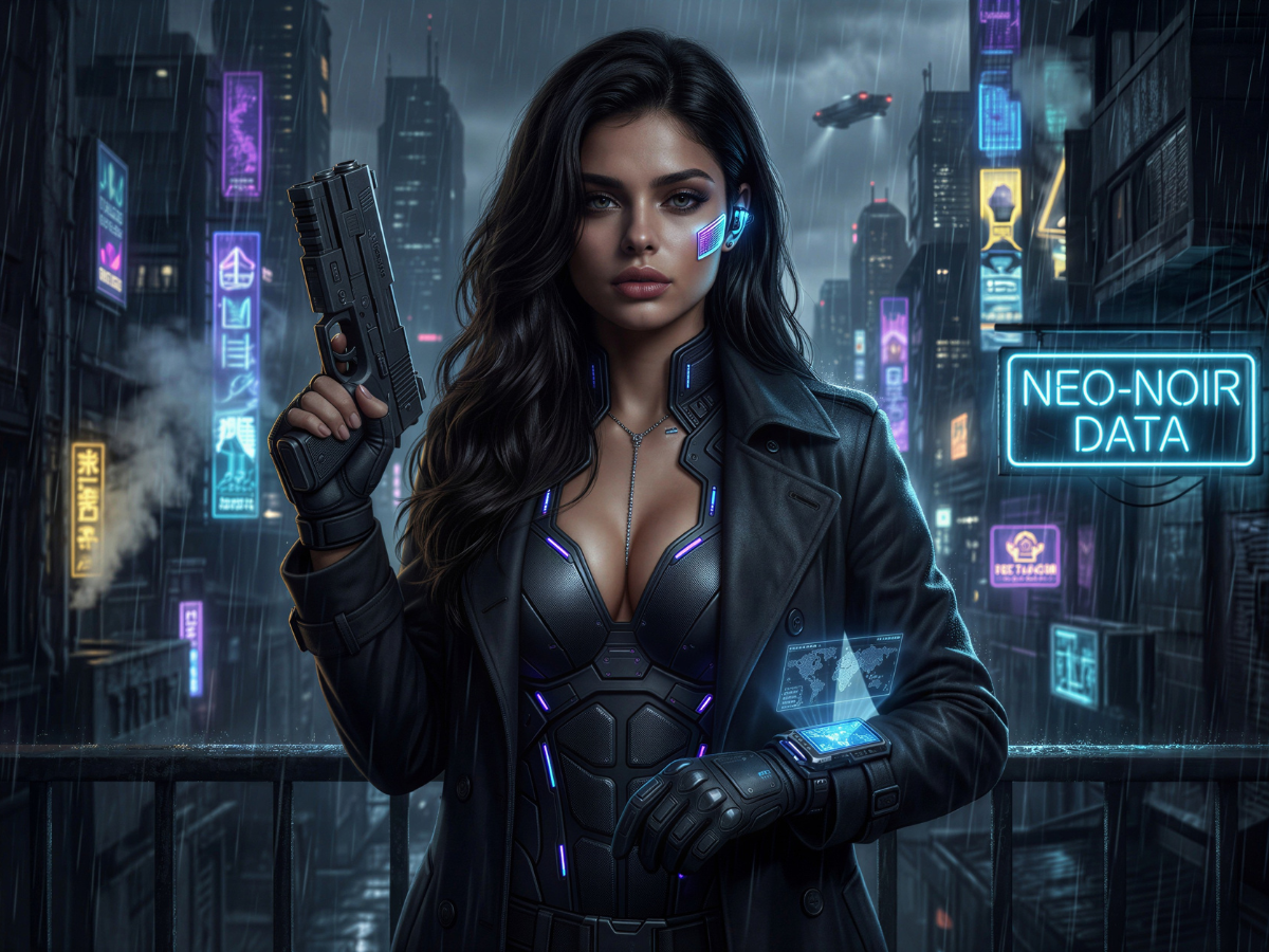 Neo-noir cyber detective holding a pistol in a rainy futuristic city with glowing signage and dramatic moody lighting.