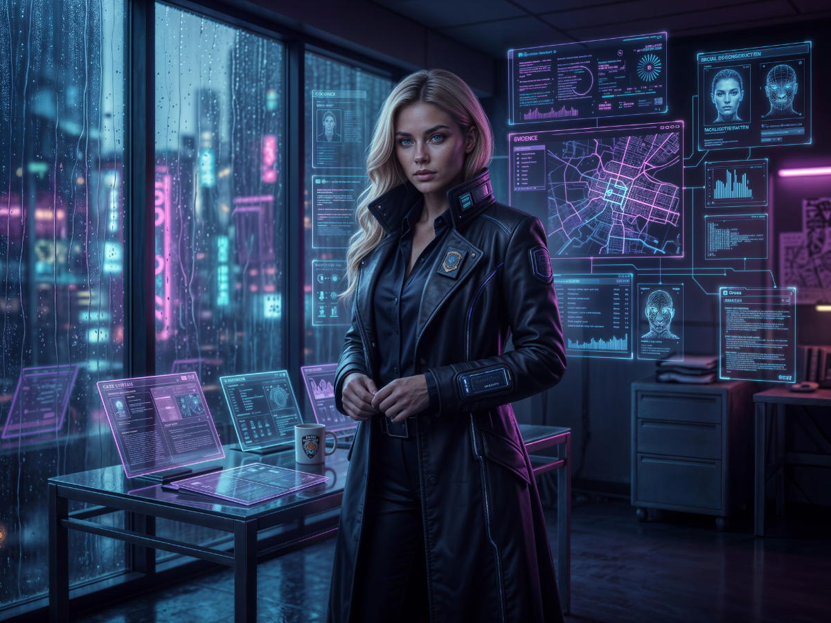 Blonde futuristic female detective in a noir office with holographic evidence screens, crime map displays, and rainy neon city light.