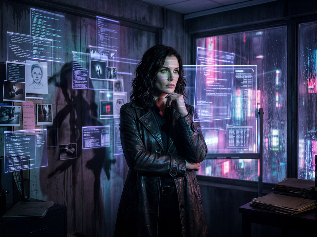 Female detective in a dark futuristic investigation room with holographic evidence panels and rainy neon windows.