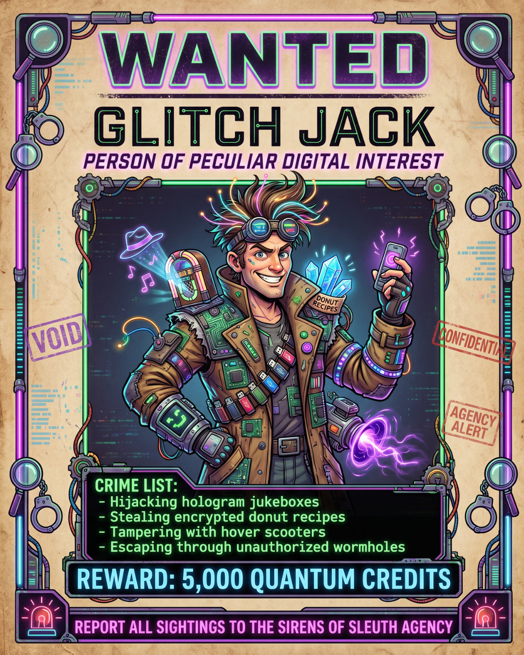 Final 4:5 Glitch Jack wanted poster with neon cyberpunk border, comical tech bandit, crime list, reward, and Sirens of Sleuth Agency report line.