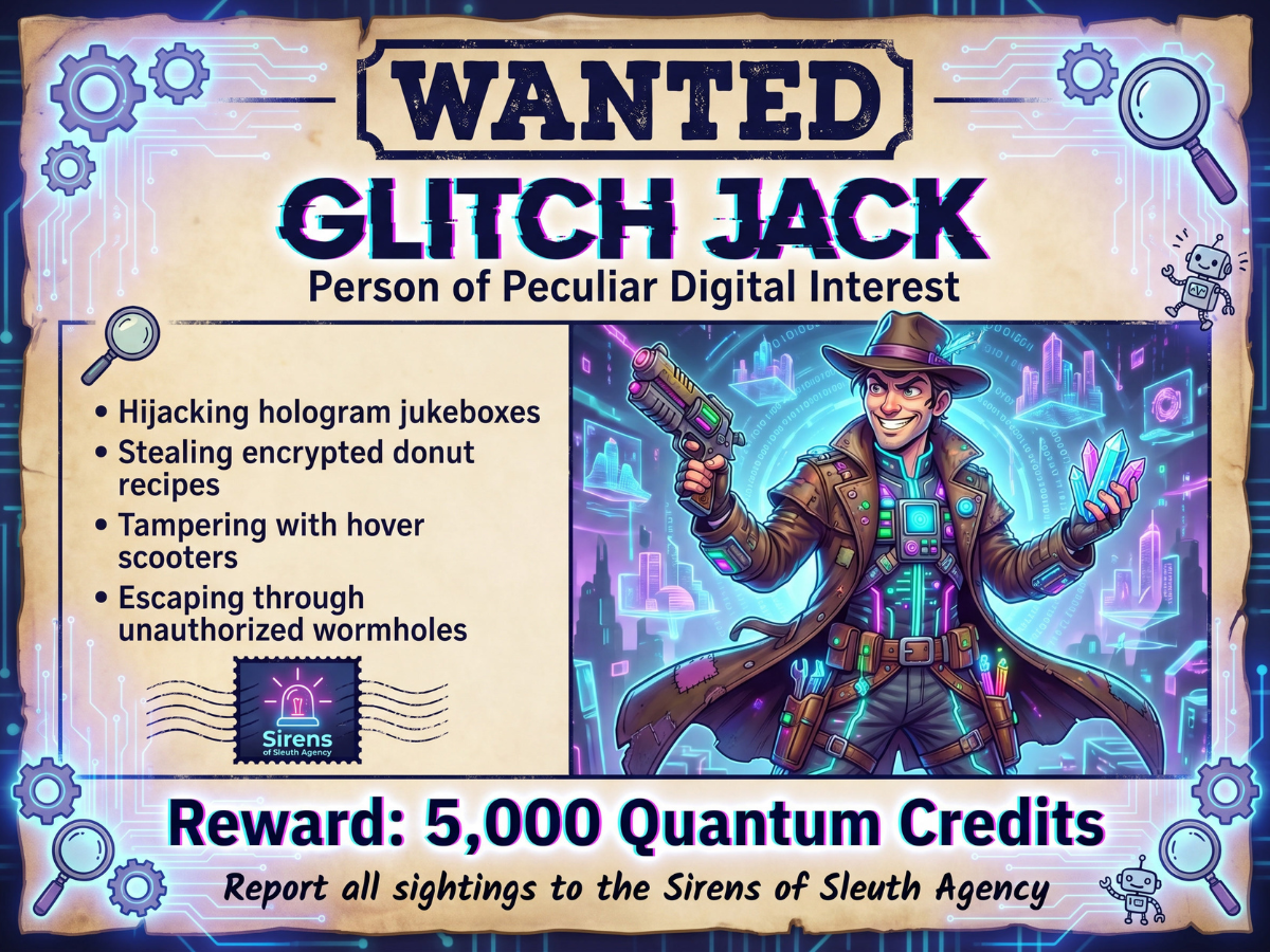 Wanted poster for Glitch Jack, a comical futuristic tech bandit, with digital crimes, neon cyber details, and Sirens of Sleuth Agency styling.