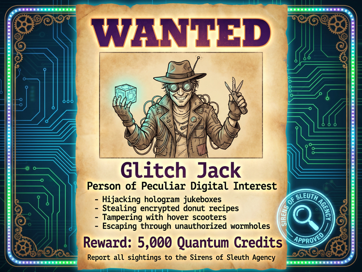 Second wanted poster variation for Glitch Jack with parchment styling, cyber circuitry, reward text, and a futuristic detective agency stamp.