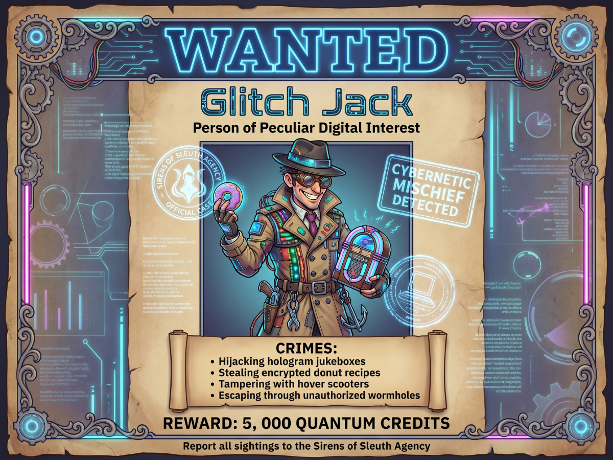 Third Glitch Jack wanted poster variation with a neon cyberwestern frame, readable crime list, reward text, and comical tech bandit illustration.