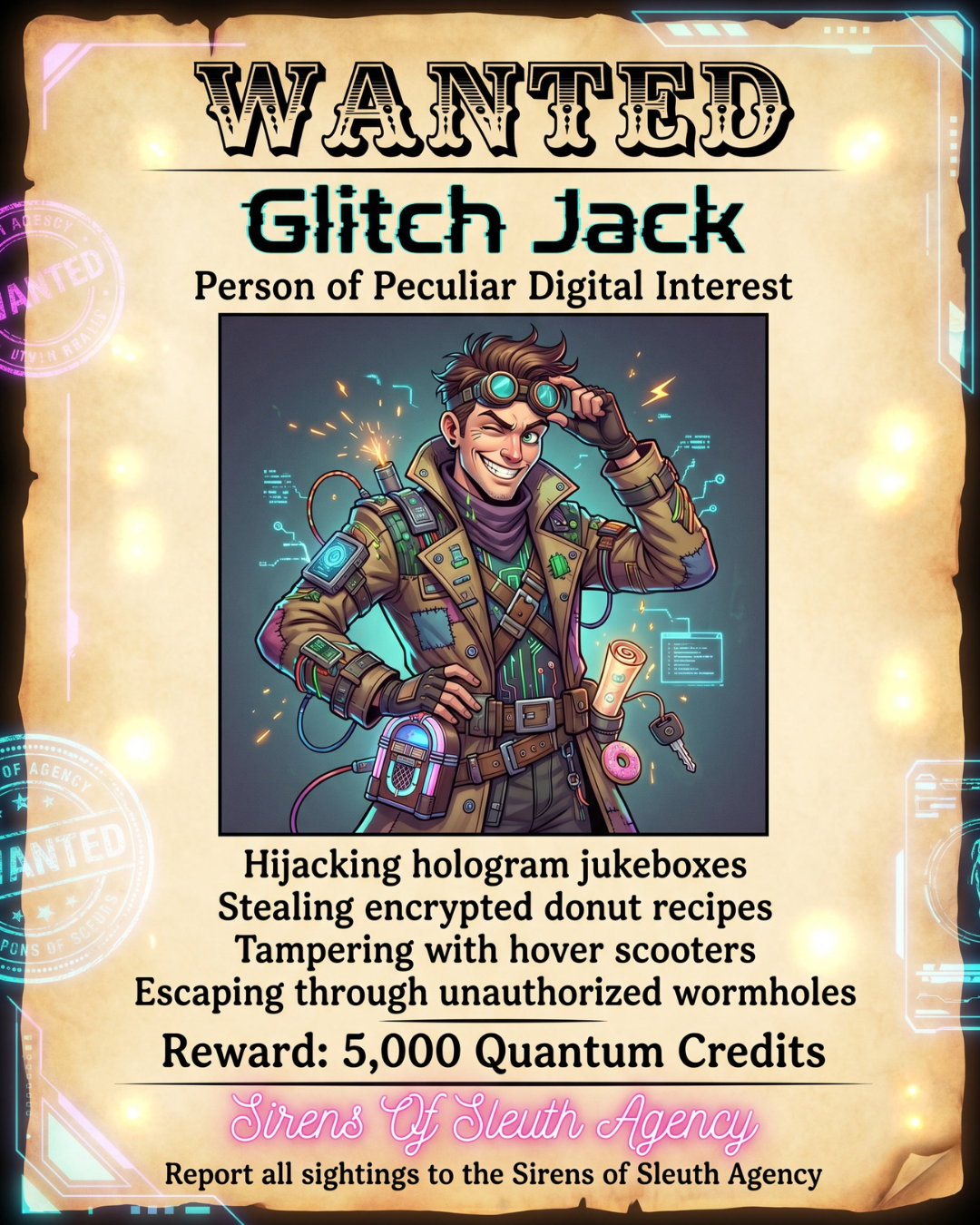 Vertical 4:5 wanted poster for Glitch Jack with large character portrait, parchment background, crime list, reward text, and Sirens of Sleuth Agency footer.