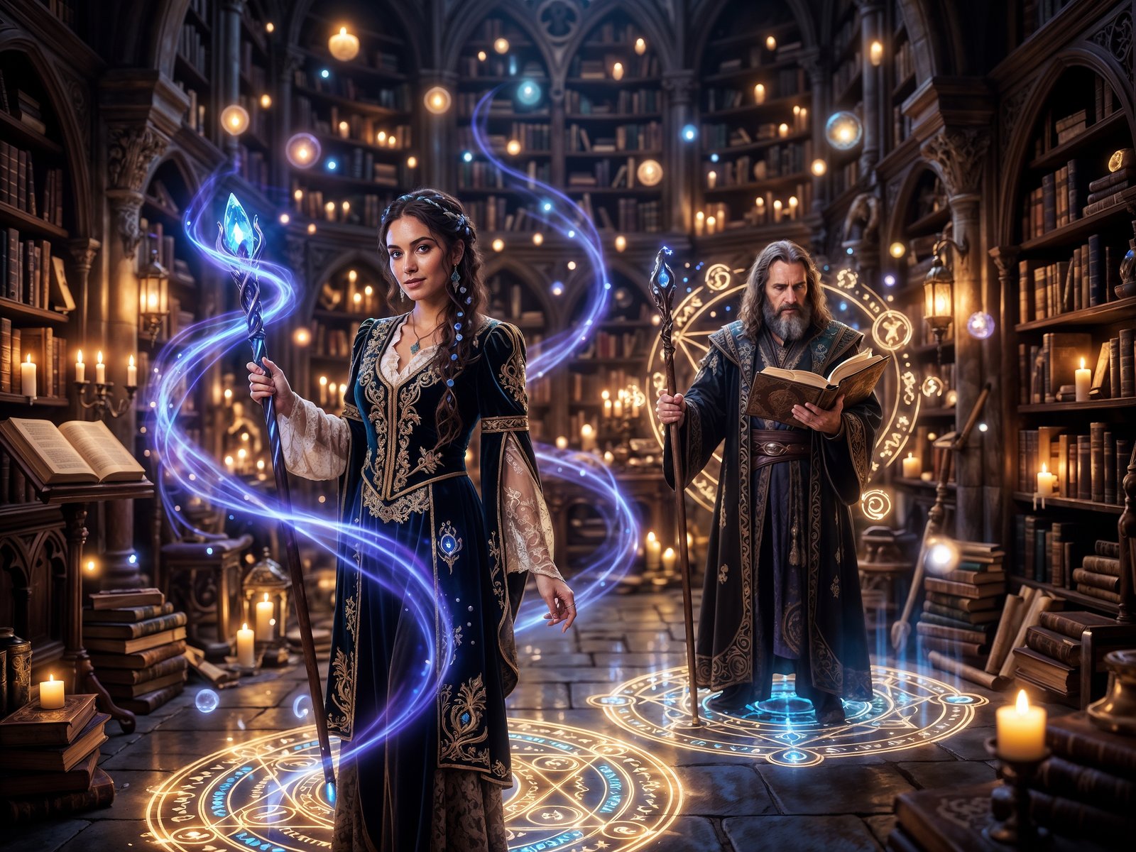 An elegant enchantress holding a glowing staff stands in a grand candlelit library while a wizard reads behind her and magical light swirls through the room.