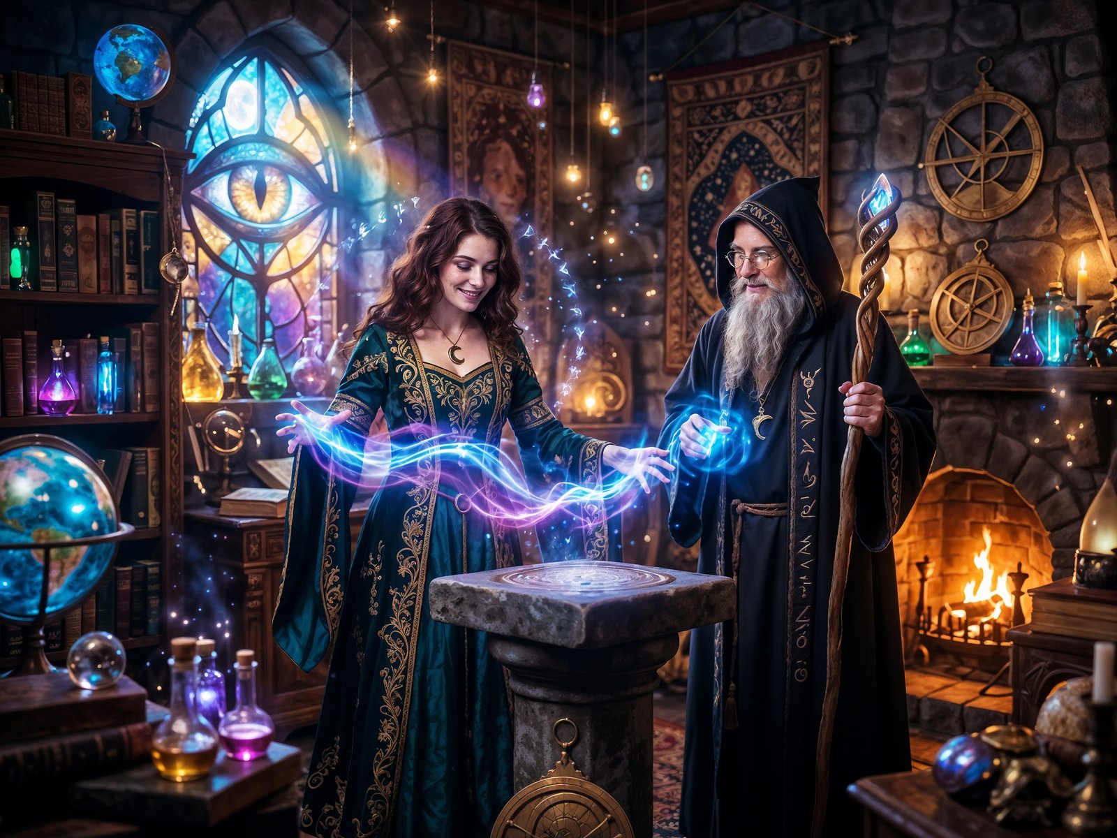 A red-haired enchantress and a hooded wizard stand inside a detailed magical room with glowing potions, candlelight, and blue-violet magical energy flowing between them.