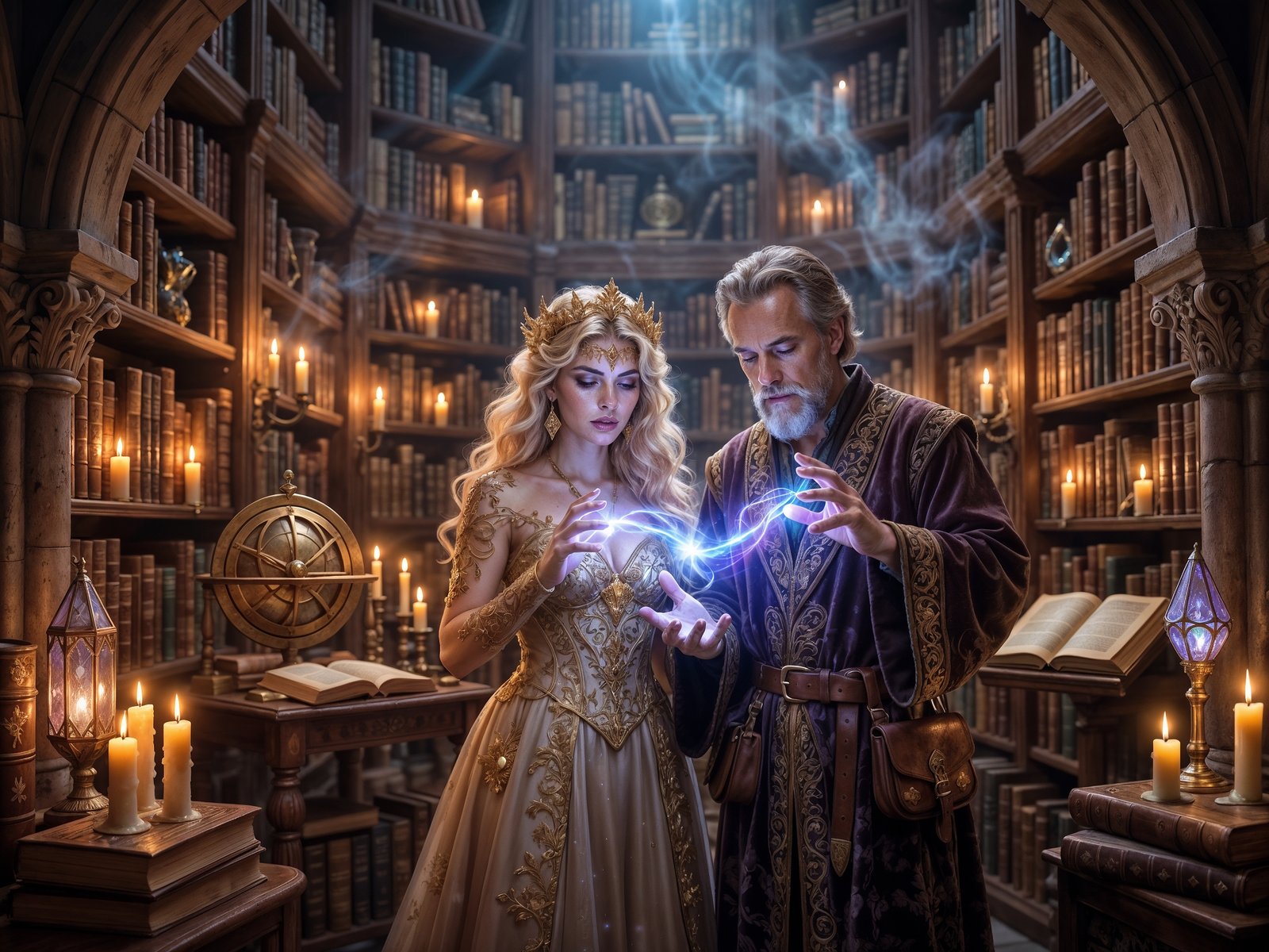 A blonde enchantress and an older wizard stand together in a library creating a small stream of glowing magic between their hands.