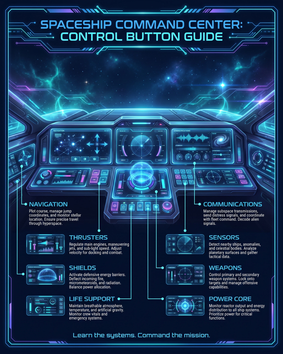 Directed infographic showing a futuristic spaceship command center control button guide with navigation, thrusters, shields, life support, communications, sensors, weapons, and power core labels.