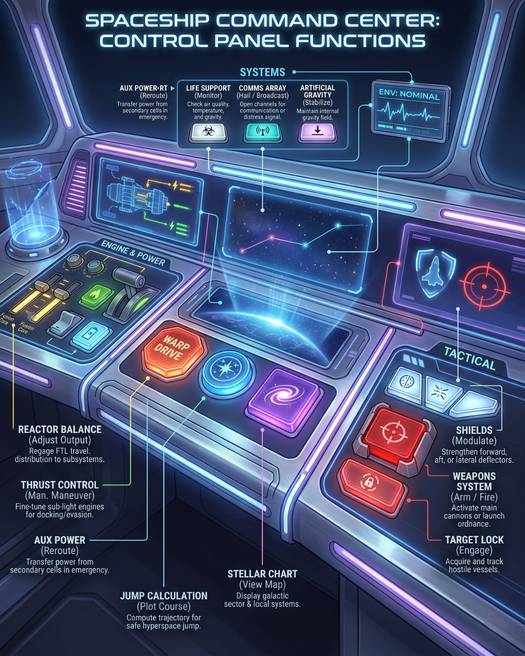 Simple infographic showing spaceship command center control panel functions with labeled buttons for systems, power, shields, weapons, and navigation.