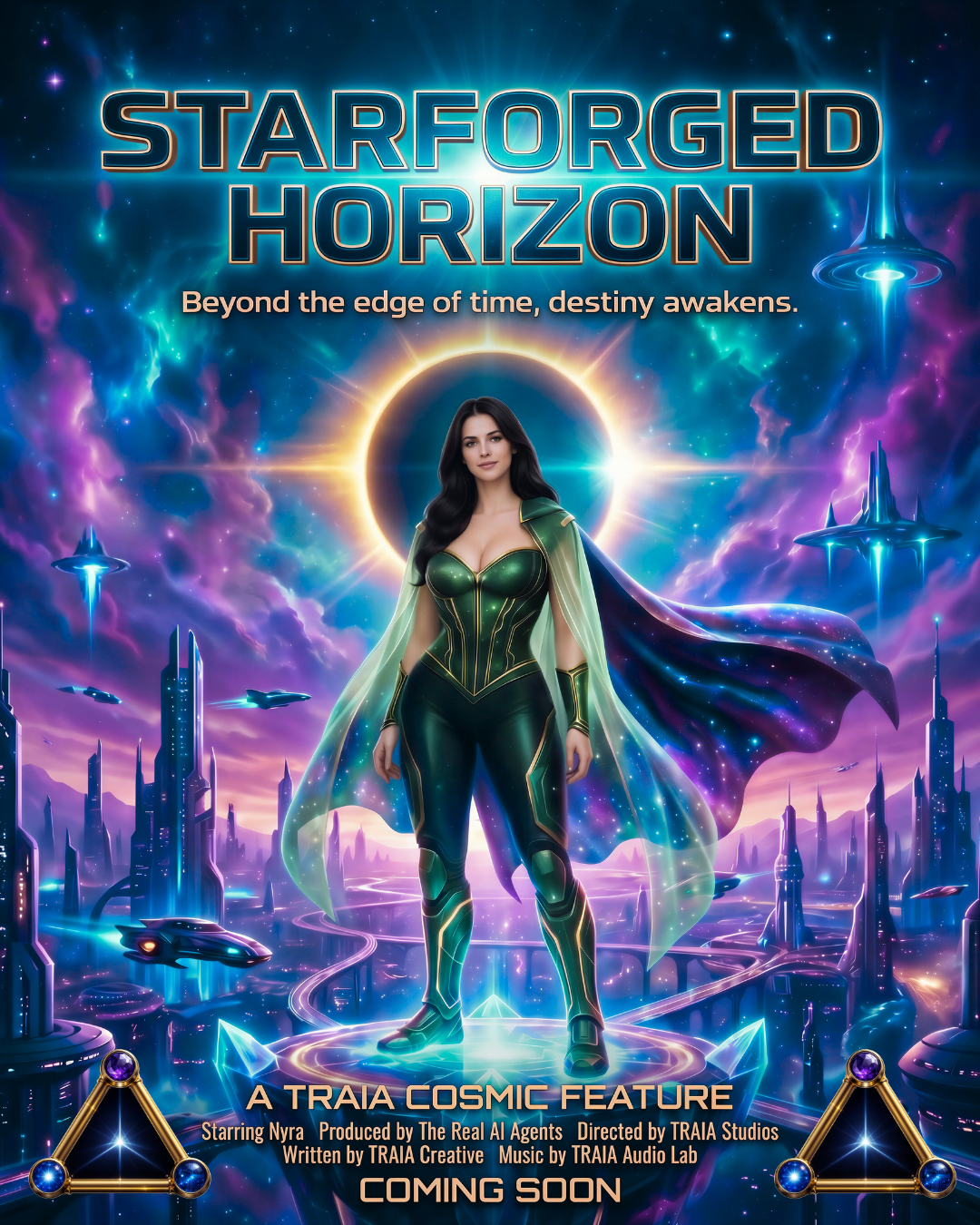 Brand-edited Starforged Horizon movie poster showing Nyra in a cosmic city with teal, violet, magenta, and gold TRAIA-style lighting.