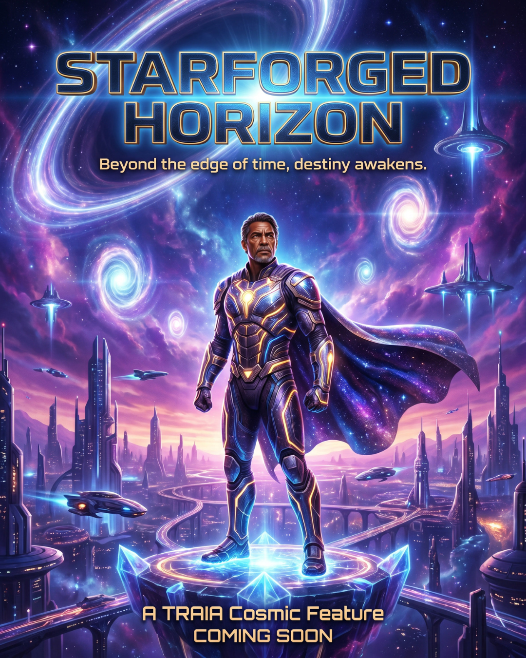 Directed movie poster prompt example for Starforged Horizon showing a heroic sci-fi figure, cosmic city, nebula sky, portals, and readable poster text.