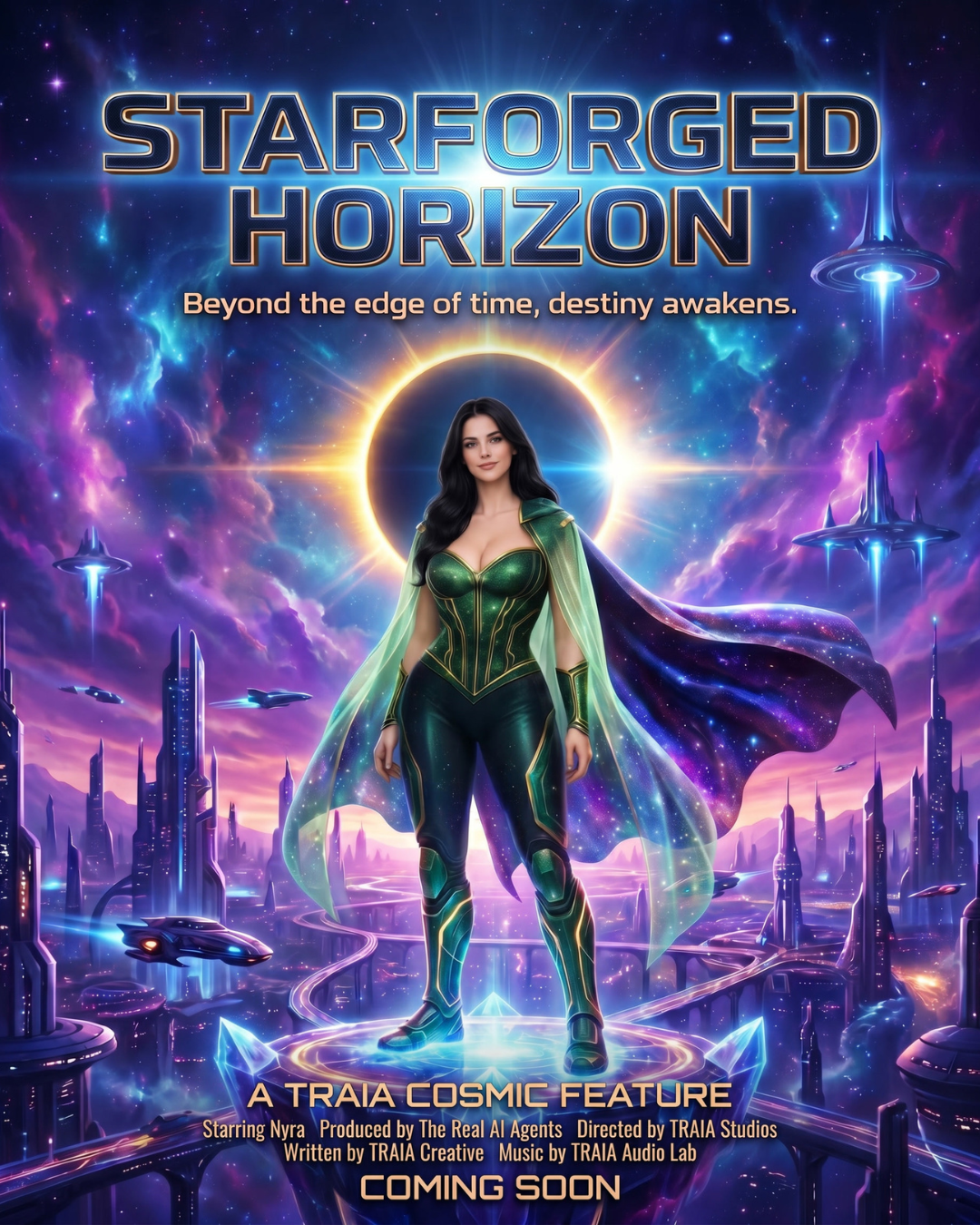 Enhanced reference-based Starforged Horizon movie poster showing Nyra with a glowing eclipse halo, galaxy cape, futuristic city, and premium cinematic lighting.