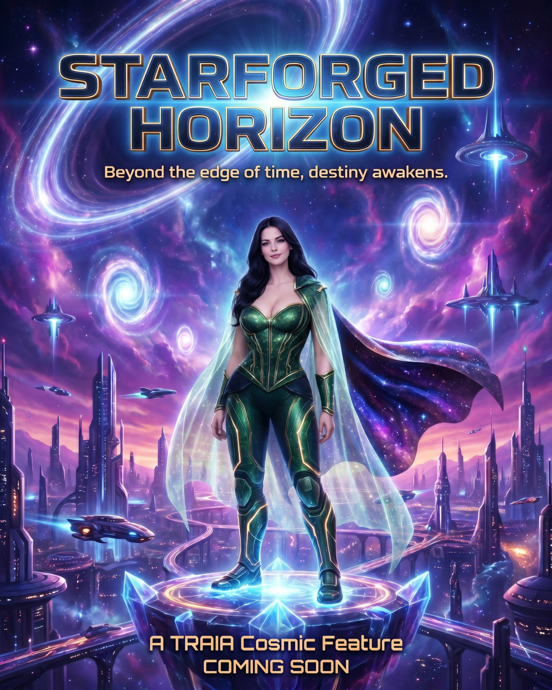 Reference-based Starforged Horizon movie poster showing Nyra as the central cosmic heroine above a futuristic city with nebula sky and readable title text.