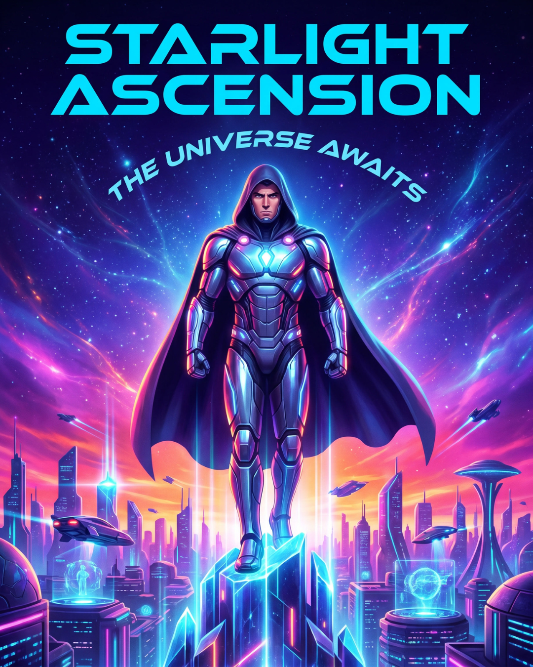 Simple movie poster prompt example showing a futuristic cosmic hero above a neon city with the title Starlight Ascension.